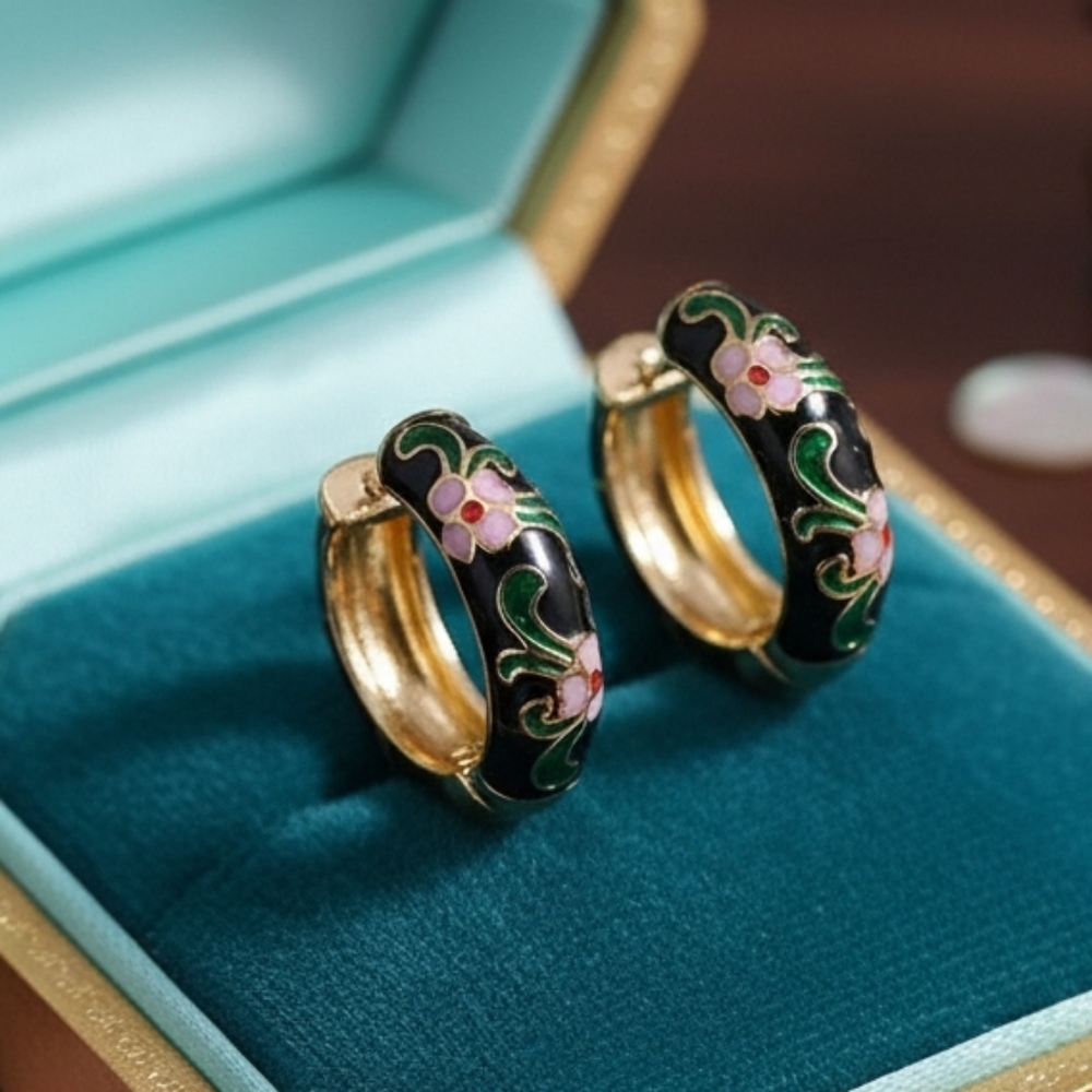 Black Floral Enamel Hoop Earrings